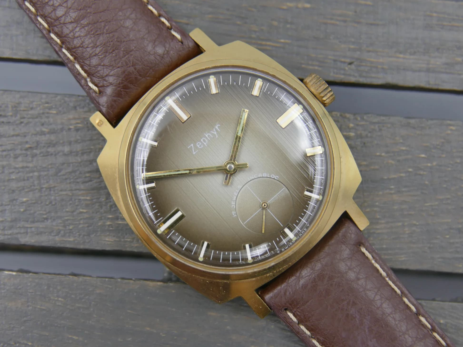 Zephyr 70s vintage watch mens Zephyr hand wind Unitas 6325 brown – used – Image 1/21